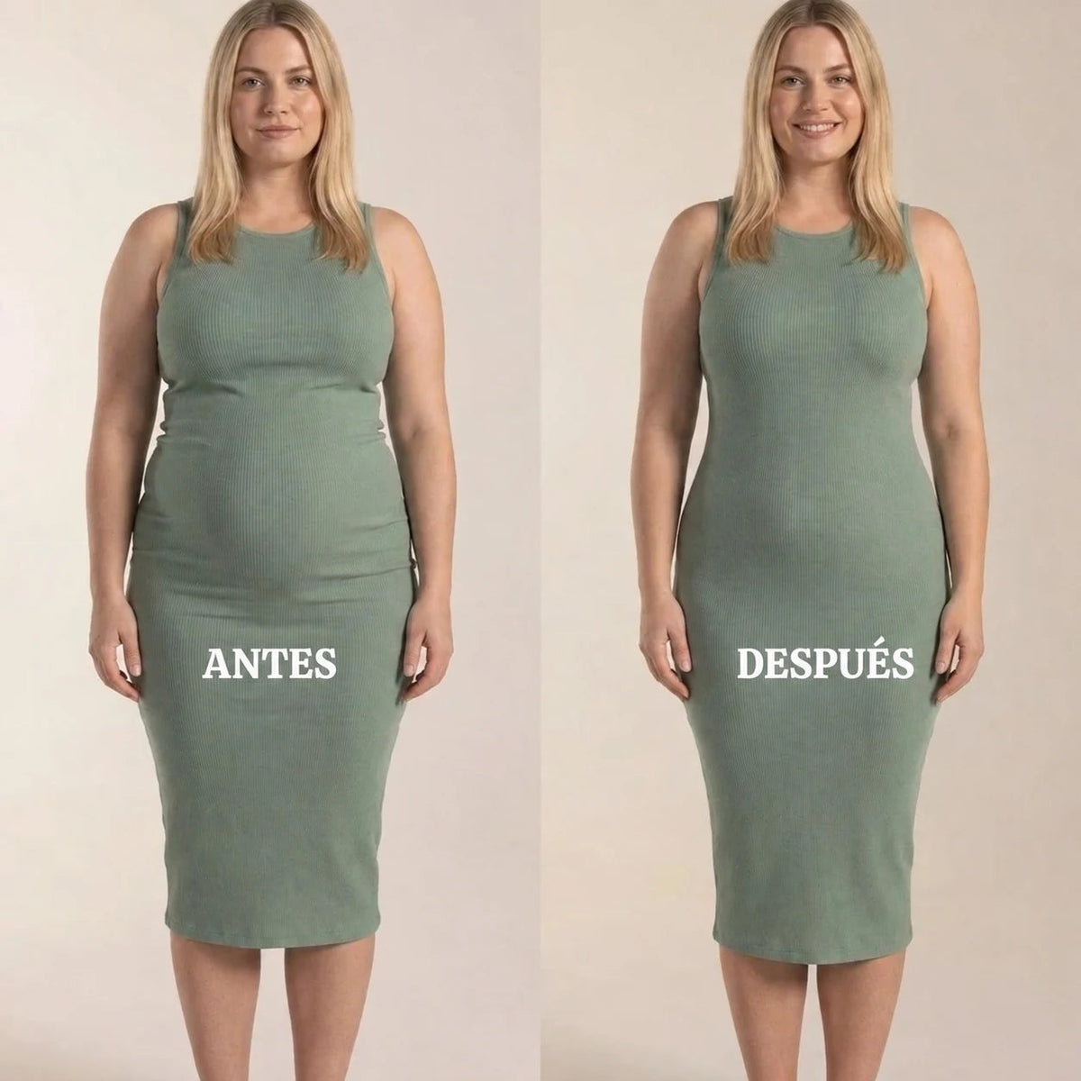 Antes y después bajo un vestido ajustado verde: sin faja y con la faja panty Navelyaa