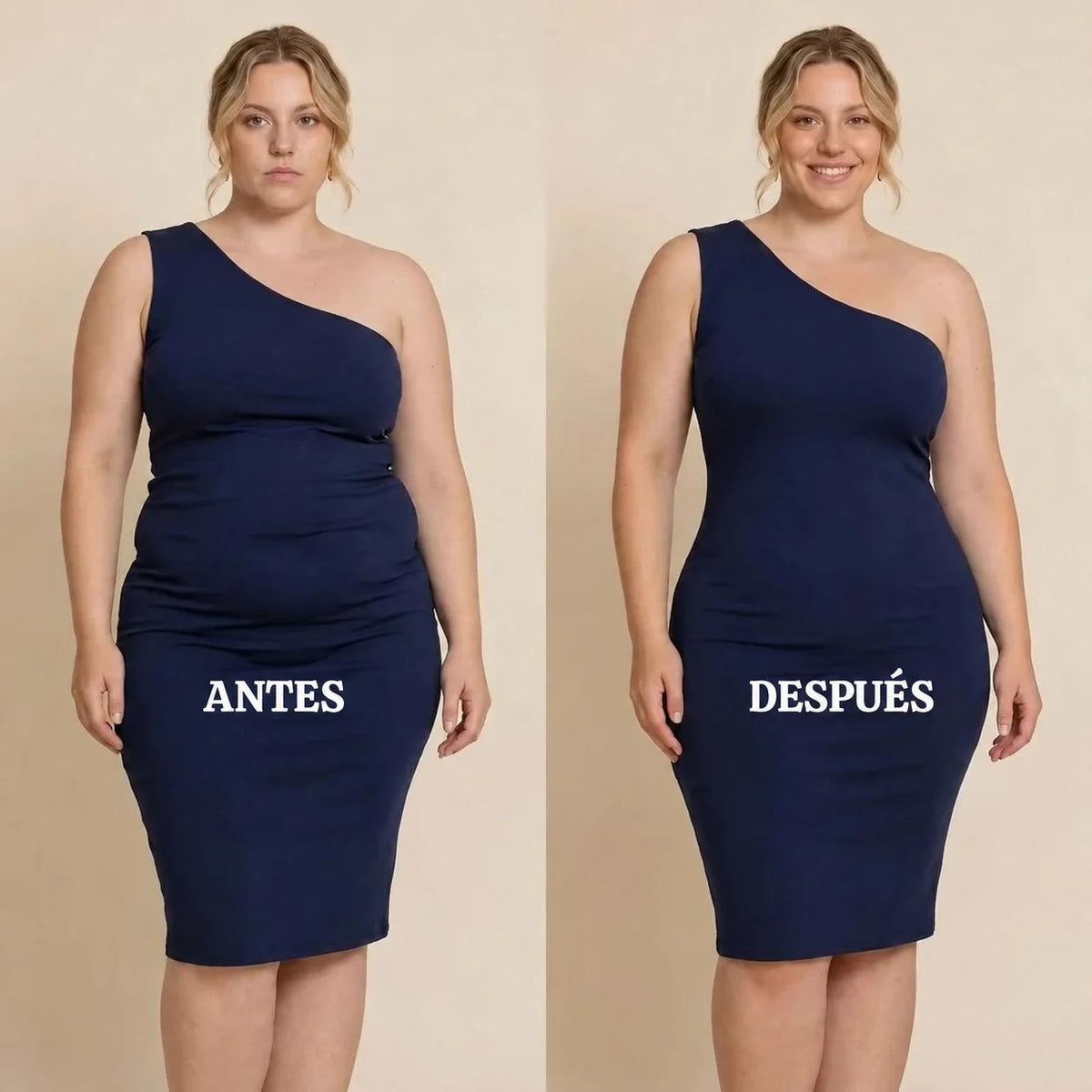Antes y después bajo un vestido azul marino: sin faja y con la faja panty Navelyaa