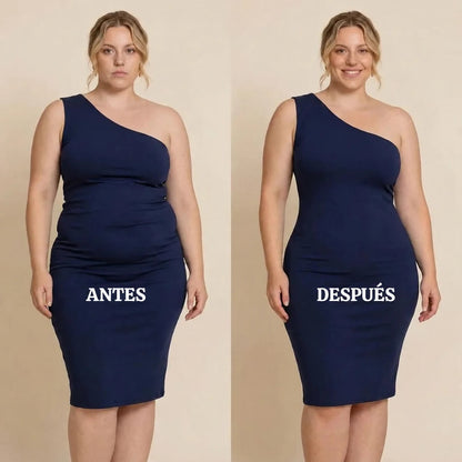 Antes y después bajo un vestido azul marino: sin faja y con la faja panty Navelyaa
