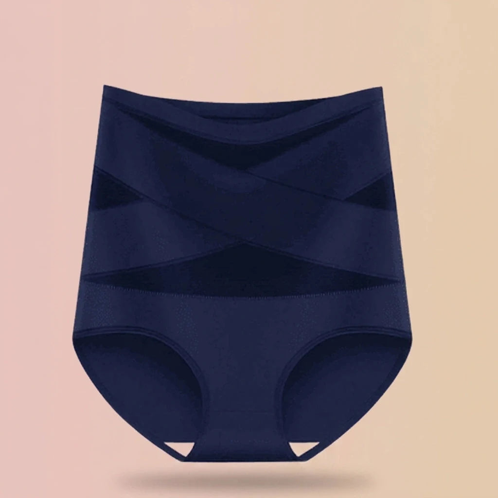 Faja panty posparto Navelyaa color azul marino, de tiro alto con bandas cruzadas