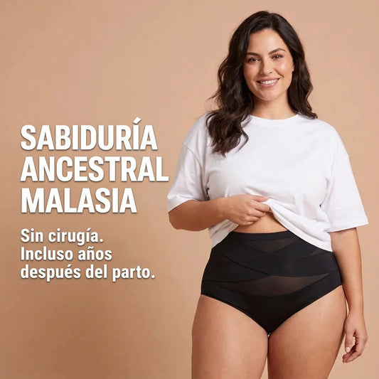 Mujer con la faja panty posparto Navelyaa negra de tiro alto bajo una playera blanca