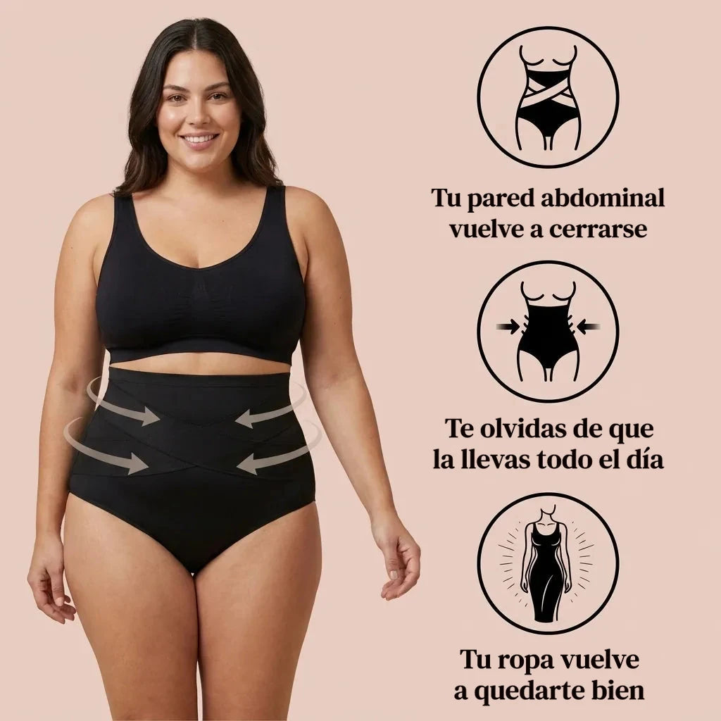 Faja panty posparto Navelyaa negra puesta, con compresión alrededor de la cintura