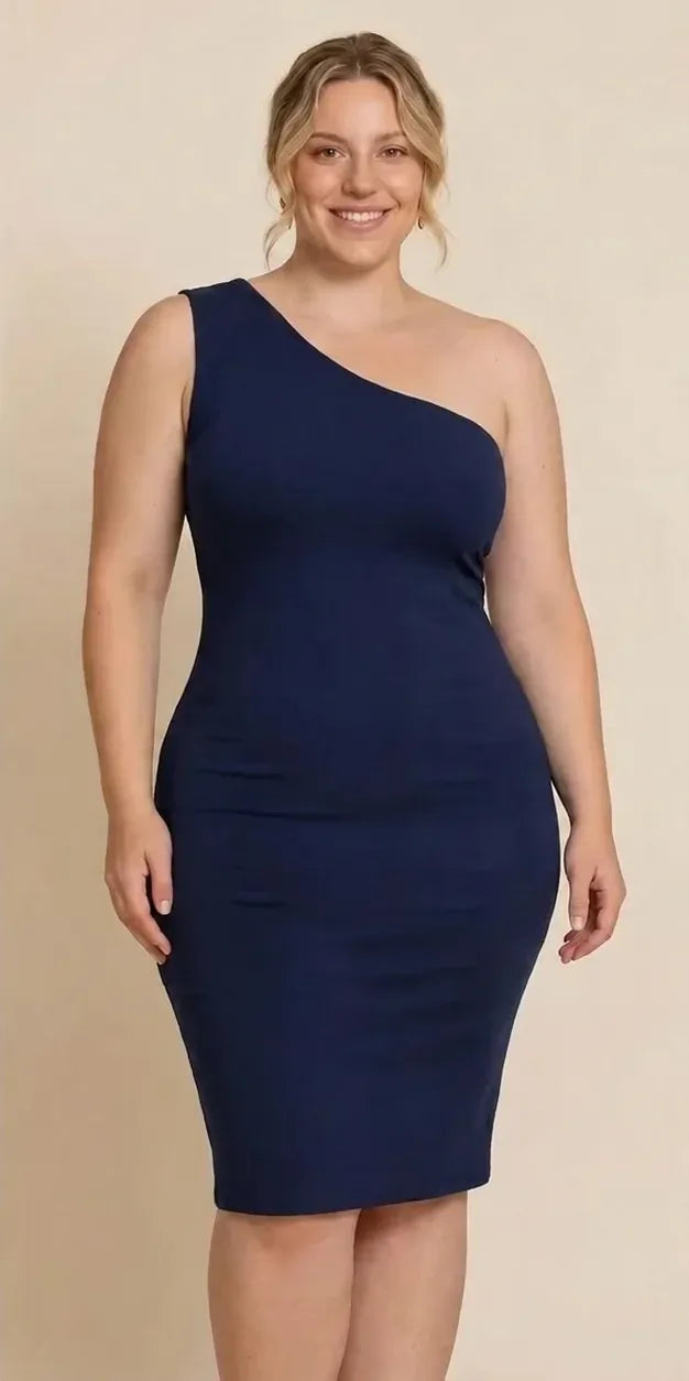 Antes y después bajo un vestido azul marino: sin faja y con la faja panty Navelyaa