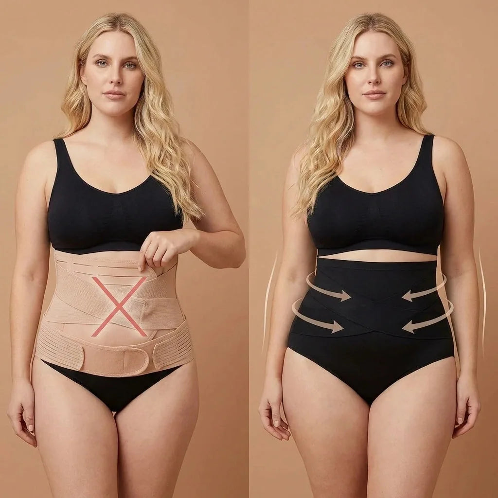 A la izquierda, una faja de velcro tachada; a la derecha, la faja panty Navelyaa con su compresión cruzada